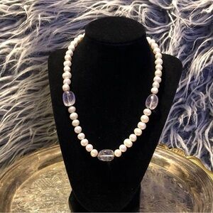 Vintage Ringed Pearl And Amethyst Princess Necklace Sterling Silver By GSJ